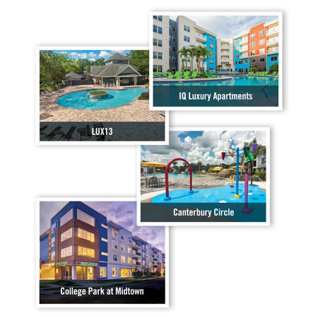 Images of Lux 13's pool, IQ, Canterbury Circle, and College Park at Midtown.